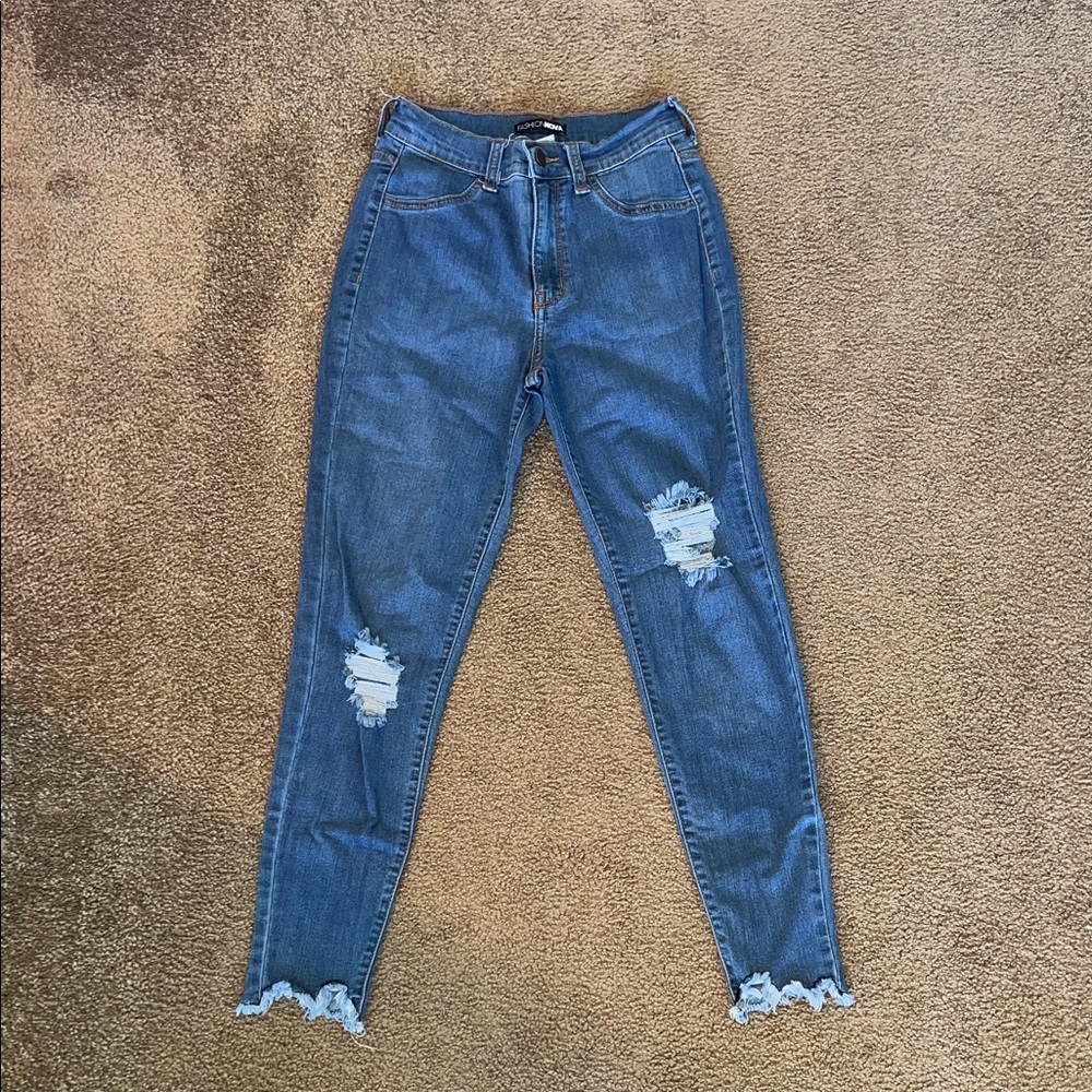 Fashion Nova Blue Ripped Ankle Jeans